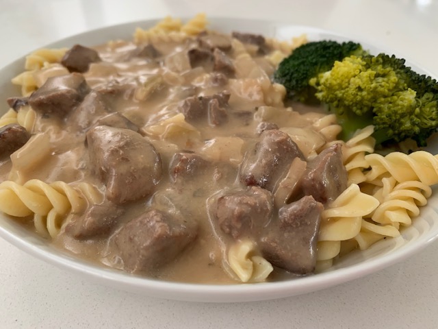 Beef Stroganoff Made From A Good Cut Of Beef Then Sautéed In Butter With Onion, Mushrooms, Paprika And Finally Sour Cream. Served on Rice Or Pasta.
