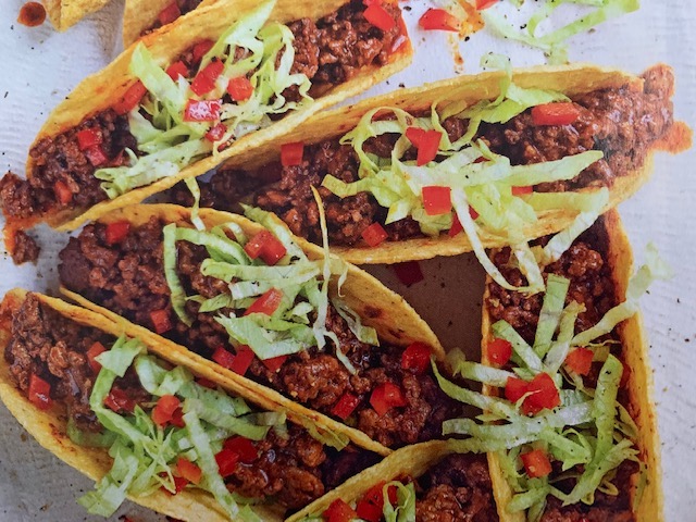 Tacos Made From Beef, Capsicum, Chilli Spice and Lettuce.