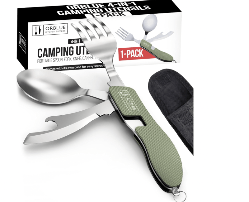 4in1 camping utensils - knife, fork, spoon and bottle top opener.