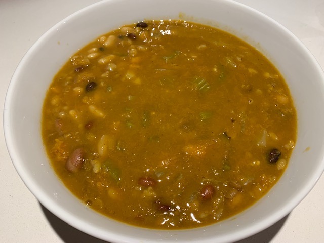 Curry Lentil and Pumpkin Soup Is Brownish From The Curry.