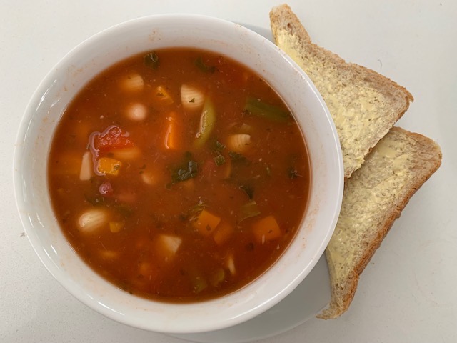 Minestrone Soup Made From Vegetables, Tomatoes, Vegetable Broth, With Pasta Added To Bulk It Up.