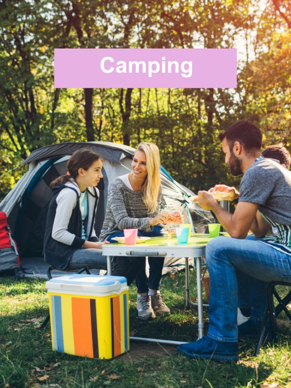 A family camping making camp cooking meals.