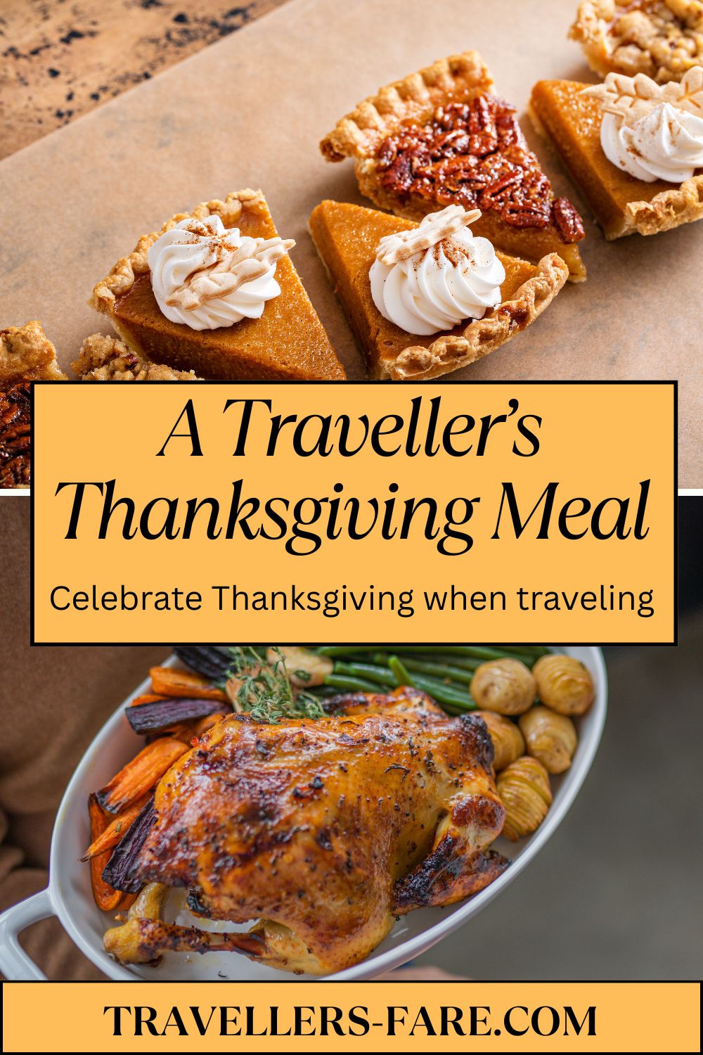 Pumpkin pie and turkey with vegetables on Thanksgiving meal pin