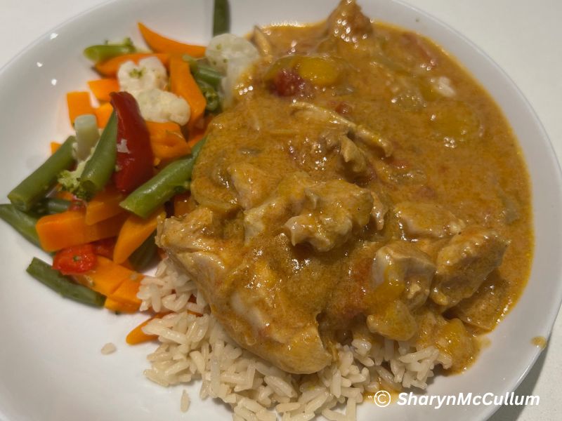 Mango Chicken Curry served with rice and vegetables
