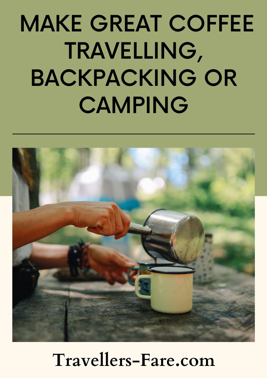 coffee pin showing a female making coffee while camping