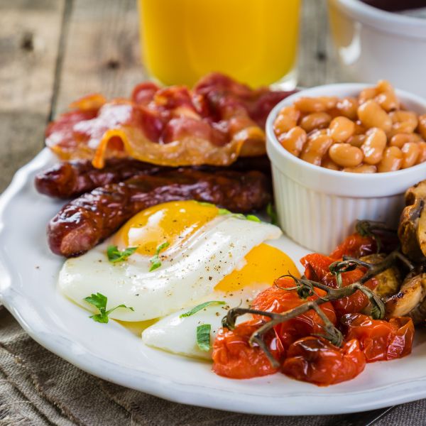 BreakfastSquare English breakfast with bacon, eggs, tomato and baked beans