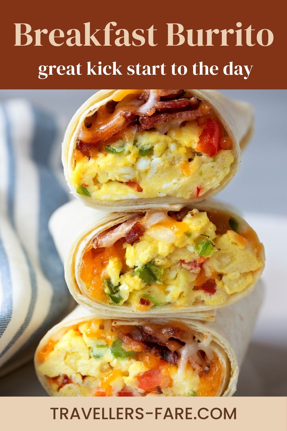 Breakfast burritos of scrambled eggs, bacon and salad